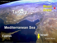 Aerial photo map of Turkey locating Mt. Ararat and Israel.